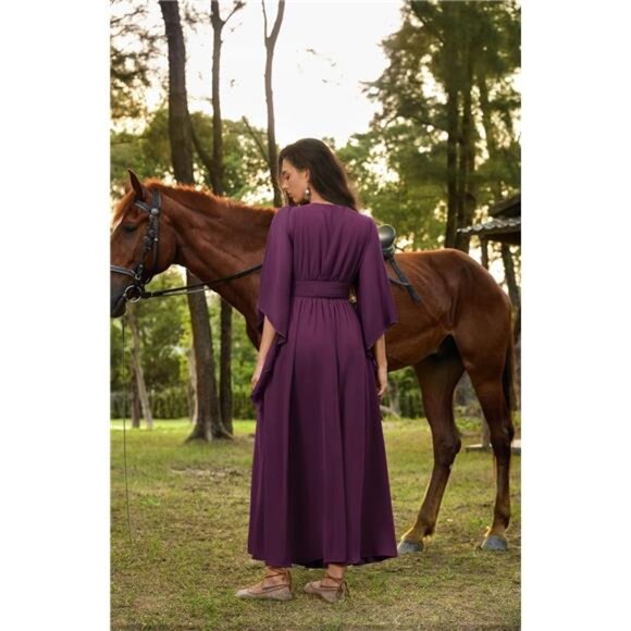 Women's Renaissance Dress Bell Sleeve Fairy Dress Split Maxi Dress with Pockets - Picture 6 of 7